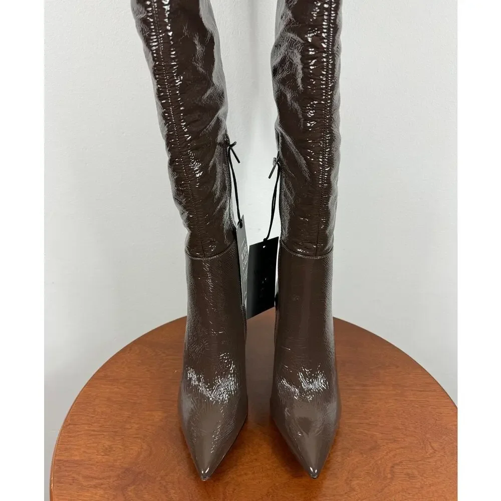New Vince Camuto Minnada Wide-Calf Over-The-Knee Boot in Root Beer Patent Size 7